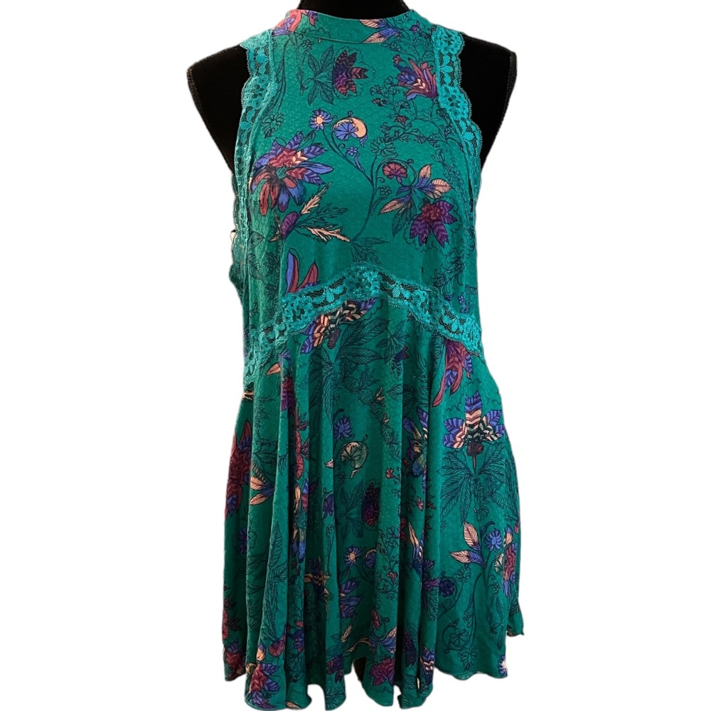 Free People Teal Floral Lace-Trim Romper